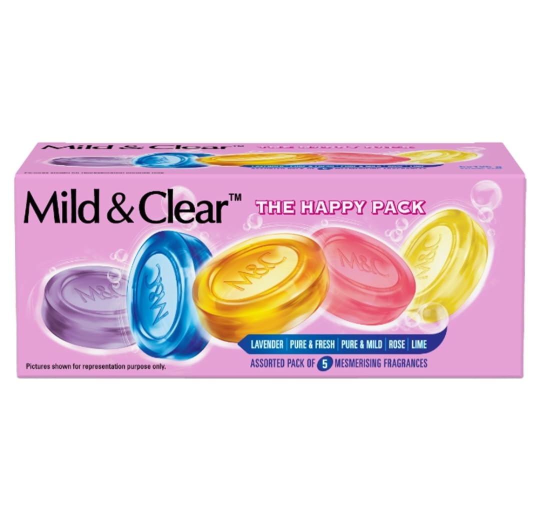 The Happy Pack Mild n clear Pure Glycerine Bathing Soap, Assorted Pack of 5 Fragrances, Lavender, Rose, Lime (125 gms X 5)-image-12