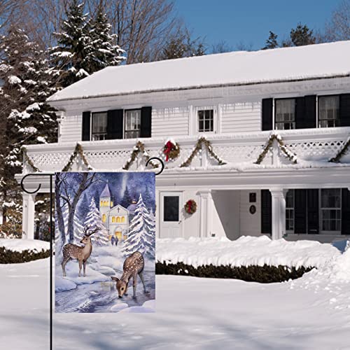 Furiaz Winter Pond Snow Deer Woodland Small Decorative Garden Flag, Church Frozen Fawns Wonderland Yard Outside Decorations, Burlap Outdoor Decor Double Sided 12 X 18 #TOP3