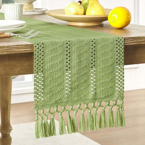 Image of ZeeMart Macrame Style Boho Table Runner, Sage Green Table Runners 36 Inches Long, Farmhouse Woven Home Decor, 12x36 Inch, Green