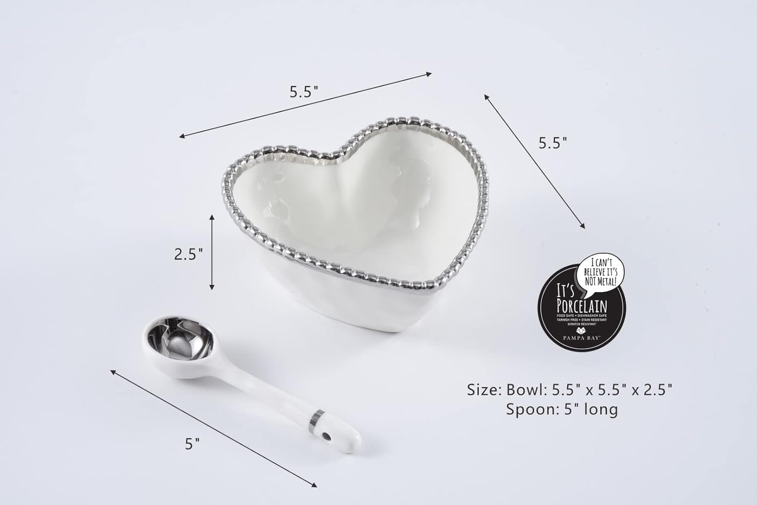 Pampa Bay Get Gifty Porcelain Heart Shaped Serving Bowl with Serving Spoon, White with Silver Beads