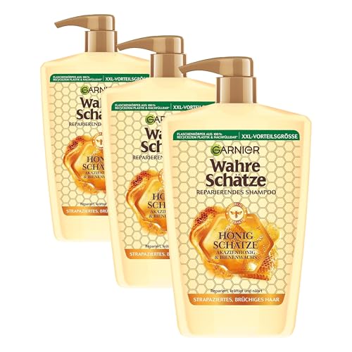 Garnier Wahre Schätze Reparierendes Shampoo Honig Schätze; XXL Format 1L, kräftigt und nährt strapaziertes und brüchiges Haar, 1000 ml (Packung mit 3)