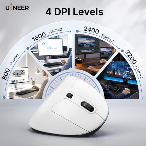 Uineer Ergonomic Wireless Vertical Mouse, 3-Mode Bluetooth 5.0/4.0 & 2.4GHz | Rechargeable, USB-A Receiver, Silent Computer Mouse for Laptop, Mac, iPad and PC, 4 DPI Levels, LED Light, 3-Device Switching - image 7