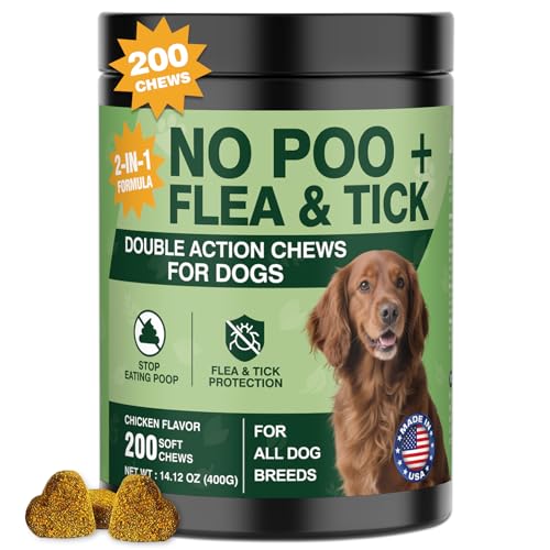 200 Chews No Poo & Flea and Tick Prevention Chew for Dogs-2 in 1 Control Coprophagia & Flea Tick Supplement-All Breeds-Natural Soft Treats Deterrent Eat Poop-Oral Fleas Ticks Chews-Chicken Flavor