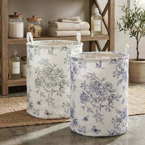 Image of 2Pcs Blue Floral Laundry Basket Cute Girls Nursery Hamper Kids Baby Flowers Room Decor Foldable Oxford Cloth Funny Tote Clothes Storage Bucket Organizer For Bedroom (Floral)