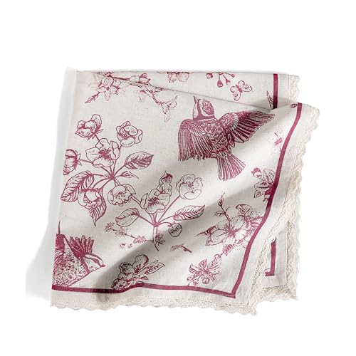 Image of FINGERCRAFT Printed Cloth Napkins Cotton Linen Blend Fabric Set of 6 with Classic Lace 20x20 Inch Dinner Napkin Durable and Good Absorbency for Home, Hotels, Parties (Toile Red)