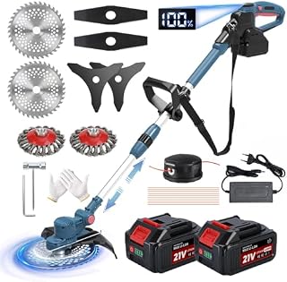 Rasentrimmer mit Akku, Akku Rasentrimmer für Makita-Akkus mit 5 Klingentypen und 2X4.0Ah Akku, 21V Bürstenlose Rasentrimmer mit Unkrautbürste, 5 in 1 Akku Freischneider für Garden Trimmen, Blau
