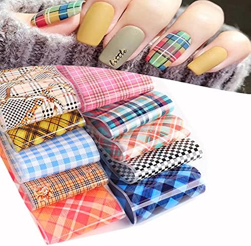 Striped Lattice Nail Art Foils Nails Foil Transfer Stickers Decals Adhesive Holographic Nail Film Design Starry Sky Paper Transfer Sticker for Women Girls Manicure Tips Nails Decorations (10 Sheets)