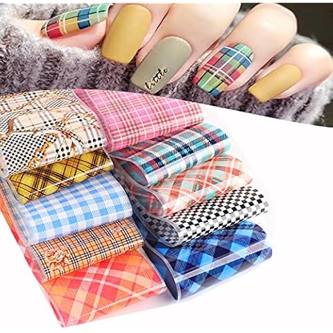 Striped Lattice Nail Art Foils Nails Foil Transfer Stickers Decals Adhesive Holographic Nail Film Design Starry Sky Paper Transfer Sticker for Women Girls Manicure Tips Nails Decorations (10 Sheets) Cover
