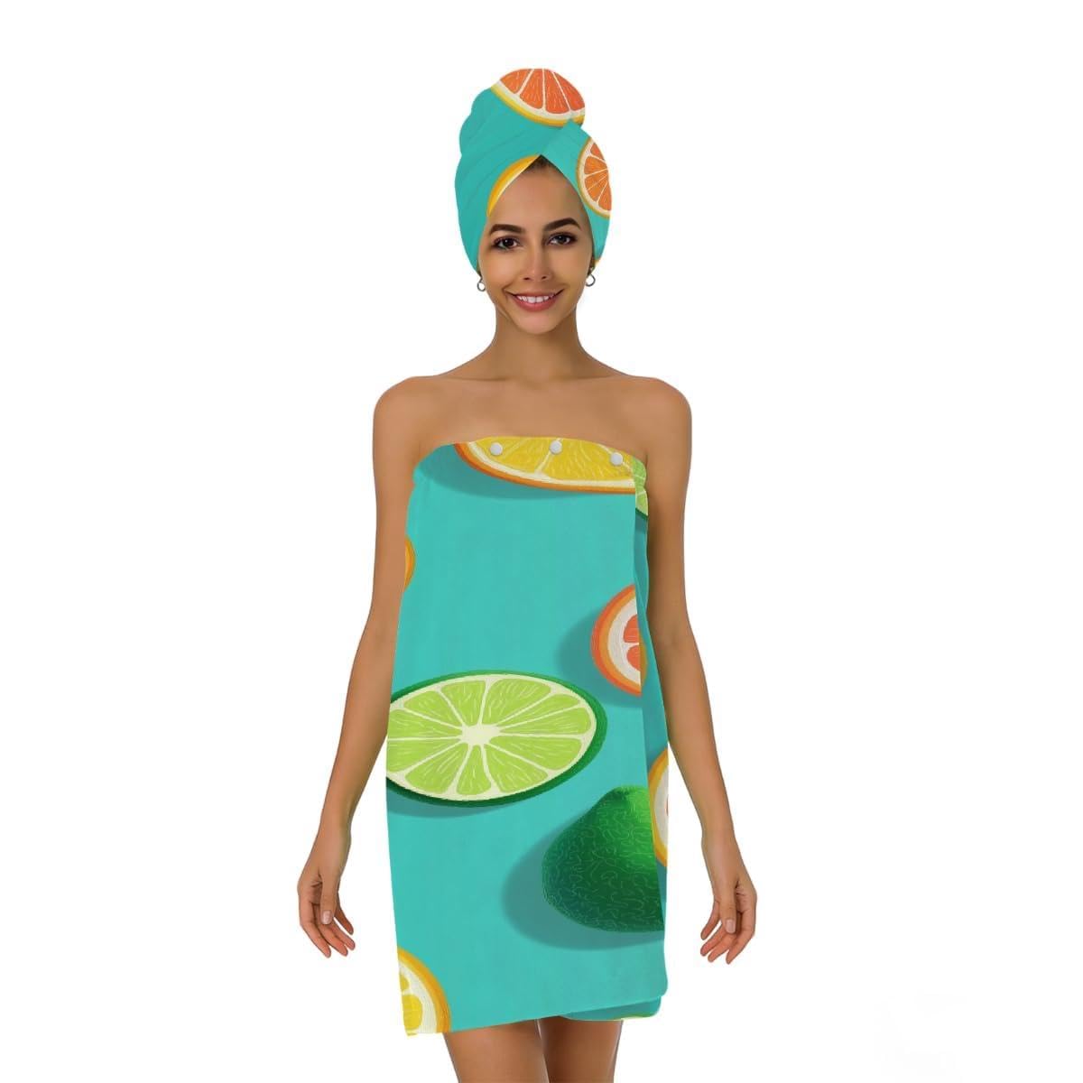 2 Sets Mikrofaser-Duschtuch mit Haarhandtuch, Zitrusscheiben, Grapefruit, weiche Körperwickel, Kleid mit Haartrocknungskappe für Strand, Pool, Spa
