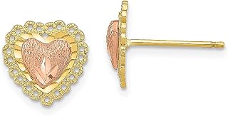Brincos de ouro amarelo 14k com acabamento em renda e coração de dois tons de ouro amarelo com botão de bola amor joias finas para mulheres presentes para ela, Cristal Ouro amarelo Diamante