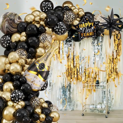 2026 Happy New Year Party Decorations - 130pcs Black and Glod Balloon Garlands Arch Kit, Large Bottle Foil Balloon New Years Eve Party Background Anniversary Graduation Home Supplies (Black Gold) - Image 4