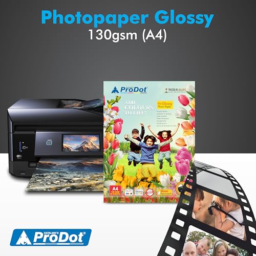 Image of ProDot Water Proof & Instant Dry Glossy White A4 Photo Paper for Card & Picture Printing (100 Sheets, 8.3 inchx11.7''each) (130GSM, 50 Sheet Pack of 02)