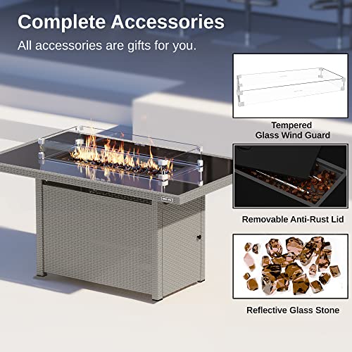 East Oak 52'' Propane Fire Pit Table, 60,000 Btu Gas Firepit W/Large Tempered Glass & Frame, Csa Certified Outdoor Patio Fire Table With Glass Wind Guard, Fire Glass And Lid, Grey #TOP5