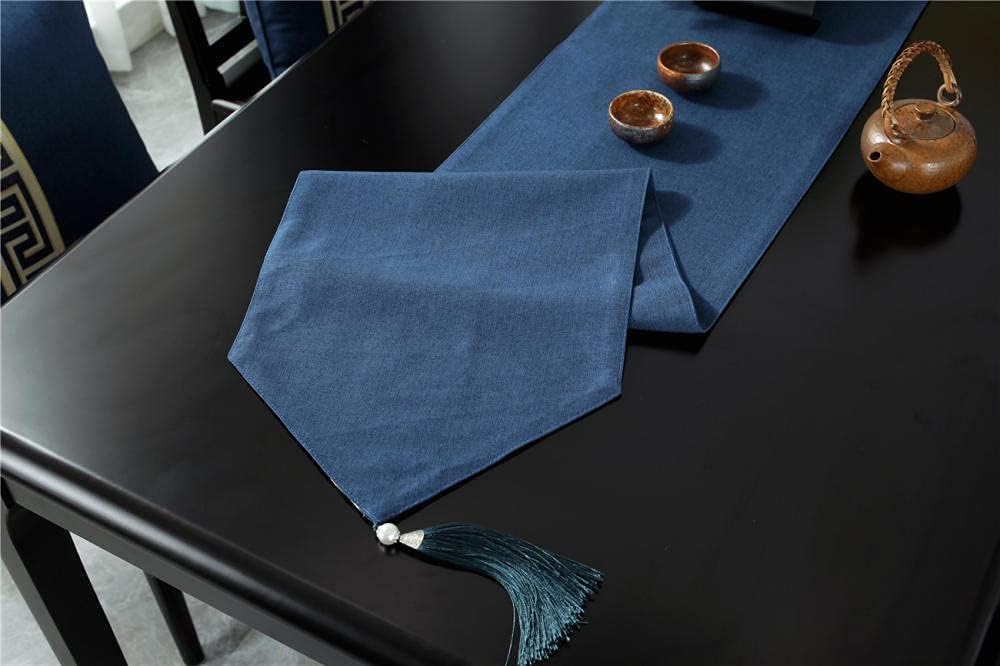 Camino De Mesa De Macramé con Flecos De Lino Y Algodón para Cocina, Restaurante, Hotel, Cafetería. Estaca Colgante Azul Puro, 33 X 200 Cm.