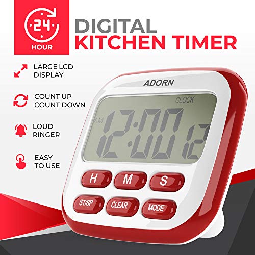 Adorn Kitchen Timer, 24-Hours Digital Timer [Multifunctional] With Clock For Cooking, Loud Alarm & Strong Magnet, Count-Up & Down For Kitchen Baking Sports Games Office Study (Battery Included) (Red) #TOP3
