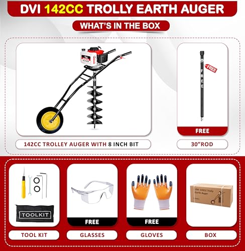 Image of DVI 142CC Trolley Earth Auger Machine, 4-Stroke Petrol Engine - with 8 Inch Double Spiral Planter Bits & Free Extension Rod | for Plantation, Fencing & Post Hole Digging in All Soil Types.