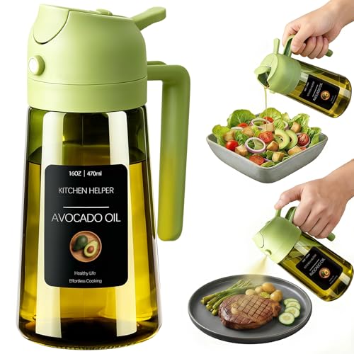 Poshetion 2 in 1 Olive Oil Sprayer for Cooking, 16oz Light-Proof Oil Dispenser for Kitchen, Leak-Proof Oil Spray Bottle for Air Fryer, Salad, BBQ, Baking, Grilling - Green