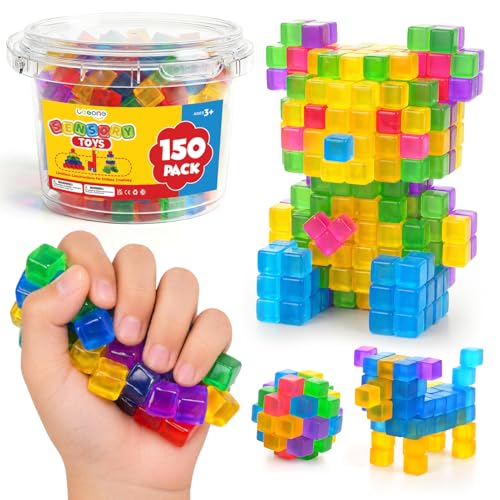 LESONG Mini Sticky Stacking Cubes for Kids: 150 PCS Washable Sensory Building Toy Soft Squishy 0.39 inch Cubes with Storage Box Balanced Stickiness for 2D & 3D Building Translucent Travel Toy