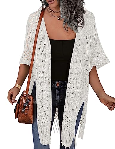 Image of HOTOUCH Womens Knit Cardigan Hollow Out Crochet Lightweight Kimonos Sweater | Open Front Cardigans with Tassel, Short Sleeve Boho Cardigan Sweaters, Beach Coverups, Spring Summer Clothes, Vacation Outfit