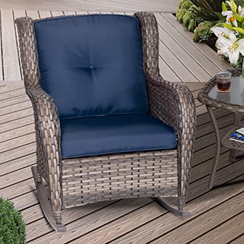 Meetleisure Outdoor Wicker Patio Rocking Chair - All-Weather Lawn Rocking Wicker Furniture With Alloy Steel Frame & Premium Fabric Cushion, Blue #TOP5