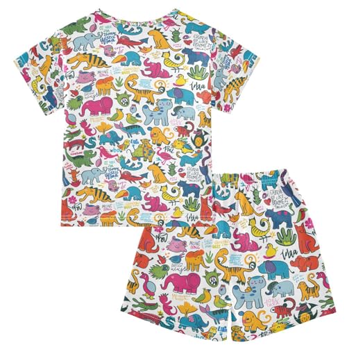ALAZA Colorful Dinosaur Elephant Bird Pajamas Set Short Sleeve Cotton Sleepwear Summer Pjs 2 Piece 5-14Y2