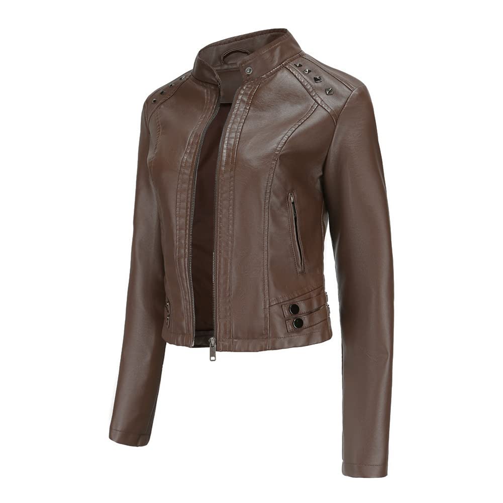Giacca corta da donna in pelle PU manica lunga top donna sottile stand collare moda giacca. marrone-L