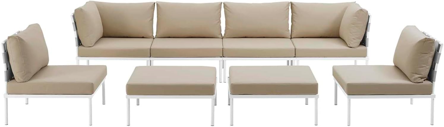 Modway Harmony Aluminum Outdoor Patio Furniture 8-Piece Sectional Sofa Set in White Beige