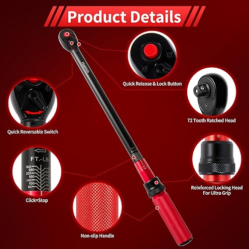 Image of Hairich 1 /2-Inch Drive Dual-direction Torque Wrench, 40-300ft.lb /33.9-406.8Nm, ±3% High Precision Professional Torque Wrench