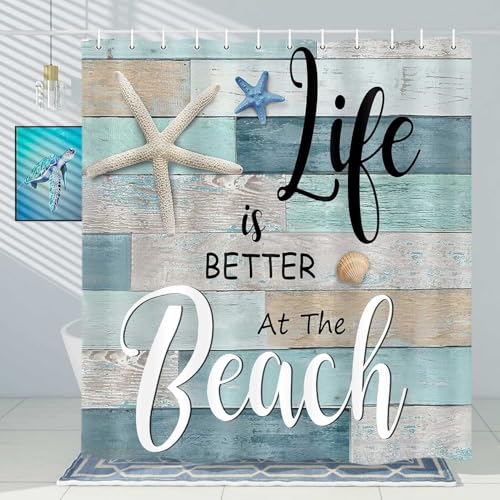 Hjokiupt Beach Shower Curtain, Rustic Vintage Wood Ocean Quote Words Summer Fabric Decor Bath Curtain, Nautical Coastal Starfish Theme Bathroom Curtain Accessories with Hooks 72X78in by Hjokiupt - Used condition - Image 4