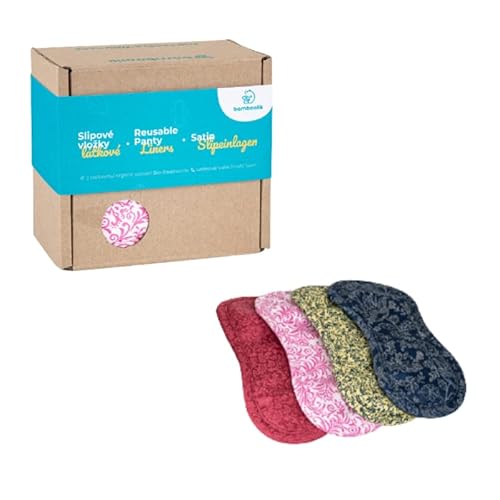 Bamboolik Waschbare Slipeinlage | Satin & Bio-Baumwolle, dünn Stoff | wiederverwendbar | MADE IN EU|Stoffslipeinlagen Ausfluss , mit Druckknopf 4er-Set Geschenkschachtel - Rot, Gelb, Dunkelblau, Rosa Cover