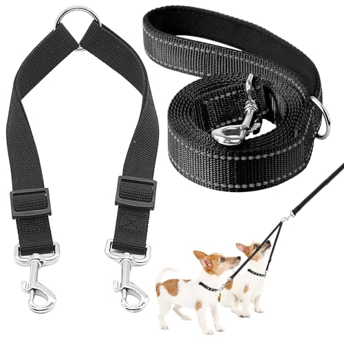 Guinzaglio doppio per 2 cani, per 2 cani, senza grovigli, girevole a 360°, 120 x 2,0 cm, larghezza 2,5 cm, lunghezza 34 – 70 cm, nero