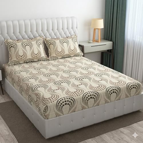 Image of Cotton Bolls Textiles Glace Cotton Flat Bedsheet 90x90 Inch with 2 Pillow Covers - Soft Breathable Glace Cotton, Printed Bedding Set for Double Bed