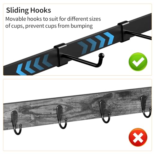 RCHYFEED Coffee Mug Holder Rack Wall Mounted, Adjustable 12 Hooks Reduce Mugs Collisions, Cup for Home Kitchen Display and Collection, Upper Basket Storage Shelf Pods Sugar Bags - Image 3