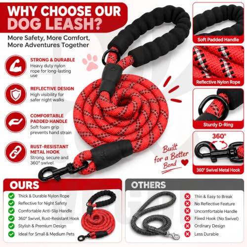 Image of PetVogue FT Nylon Rope Dog Leash, Heavy Duty Training & Walking Lead for Small, Medium & Large Dogs, Reflective Pet Walking Cord with Comfortable Padded Handle & Strong Metal Clip (Red)
