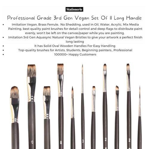 Image of Stationerie Handmade Long Handle Painting Brush Set for Acrylic, Watercolor, & Gouache Painting with Brush Holder,Mix Set of 11