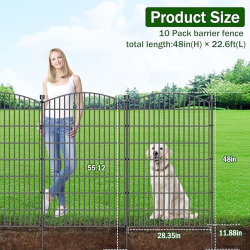 Image of 10 Panels No Dig Decorative Garden Fence with Gate - 48 in (H) x 22.6 ft (L), Dog Fence Outdoor for Yard, Rustproof Metal Animal Barrier Ground Stakes Fencing for Garden, Patio, Flower Bed