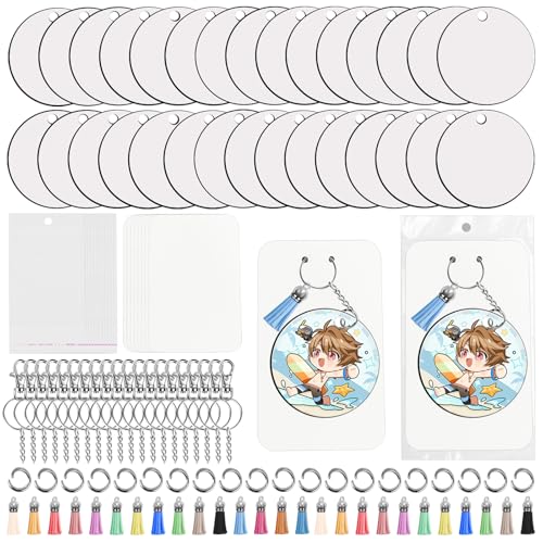 Fesorsi 210 Pcs Sublimation Keychain Blanks, 30 Parts Circular Fiberboard Keychain Blanks, Sublimation Blanks with Various Keychains and Tassel Pendants, for Handicrafts, Christmas Decorations