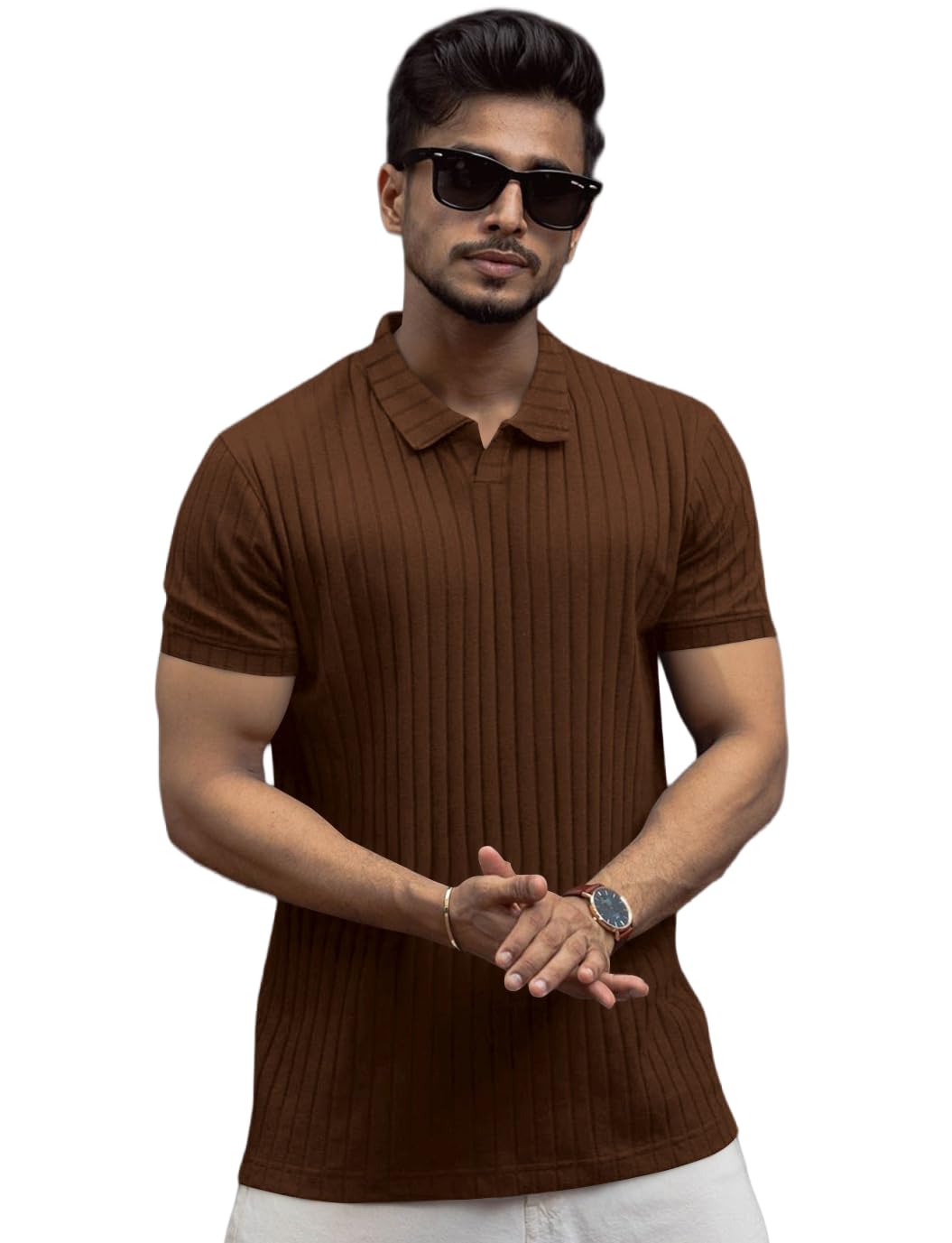 AKAJARU Men's Textured Polo Neck Half Sleeve Zipper T-Shirt Coffee - Image 1