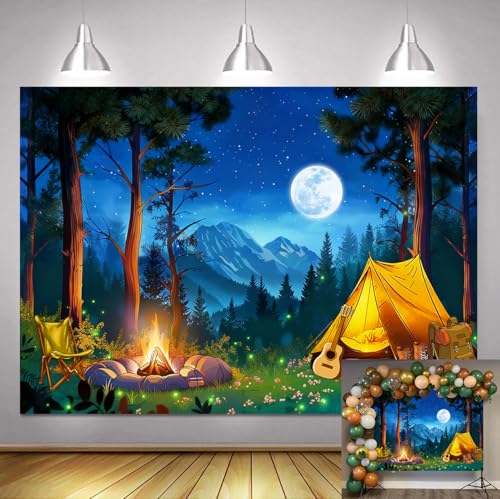 7x5ft Forest Night Scene Camping Backdrop Campfire Tent Adventure Photography Background Camper Theme Party Decoration Banner for Adults Baby Shower Birthday Photo Props