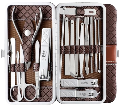Beauté Secrets Essentials 18 Pieces Manicure Kit, Pedicure Tools for Feet, Nail Clipper, Ear Pick Tweezers, Manicure Pedicure Set for Women and Men Brown