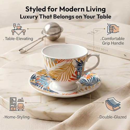 Image of UPC Premium Bone China Cup & Saucer Set (6 Pieces) | Elegant Solid Color Tea Coffee Cups | Lightweight, Durable & Glossy Finish | Ideal for Home, Office & Gifting