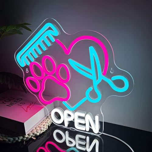 Image of Mutank Pet Shop Open Neon Sign, Paw Neon Light USB Powered LED Dimmable Scissors Sign, for Pet Shop Business Sign Pet Spa Pet Salon Animal Clinic Decor Pet Grooming and Welcome Sign(13.3 * 12.2 In)