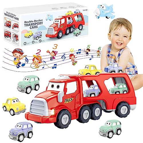 Carros De Juguete, Toy Carritos Juguetes para Niño, 5 en 1 Camión de Transporte de Coches de Juguete con 3 Mini Coches y 1 Avión, Vehículos de Juguete para Niños con Luz y...