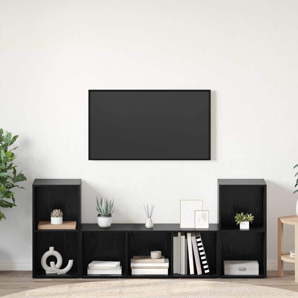 TV-Schrankset Wandmontiert 3-teilig, Schwarz Holzwerkstoff, Modernes Media-Center für Wohnzimmer und Schlafzimmer, Elegante Schwebende TV-Konsole mit Stauraum