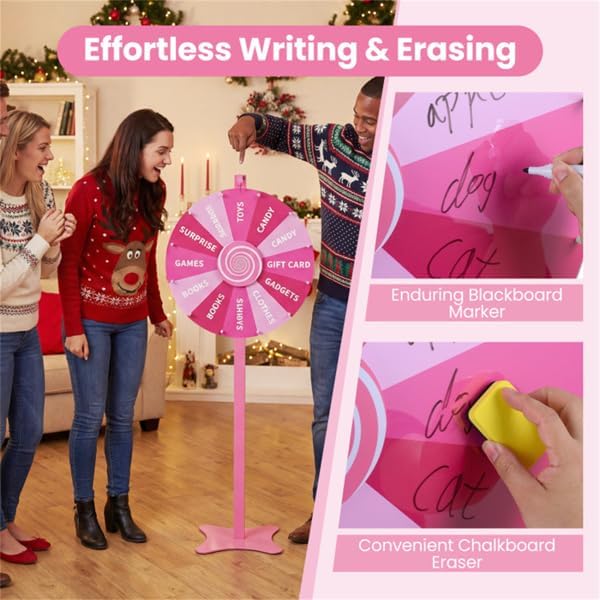 24 Inch Height Adjustable Prize Wheel (Pink) – 2-in-1 Tabletop/Floor Standing Spinning Wheel with Smooth Spin, Write-Wipe Surface, Carnival Game Wheel