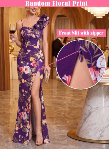 Image of VFSHOW Womens Ruffle One Shoulder Formal Prom Gala Maxi Dress Evening Gown | V Neck, Bodycon, Sexy High Slit, Long Cocktail Wedding Guest Dresses, Party, Bridesmaid