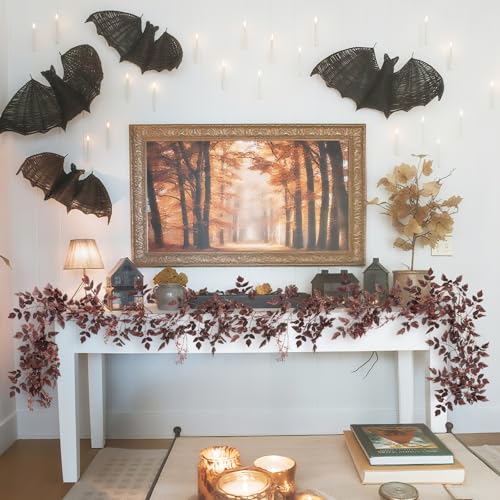 Image of Neutral Fall Garland for Mantle - 2 Pack 9Ft Plum Cimicifuga Seeded Leaf Garlands Purple Autumn Decor Fireplace and Table Decorations for Home Indoor Door Halloween Realistic Leaves Outdoor