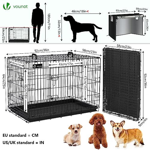 VOUNOT Hundekäfig Klappbar mit Abdeckung, Hundebox Auto Hundetransportkäfig mit Doppeltüren, 2 Transportgriffen & Bodenschale, L 92x58x64 cm, Schwarz