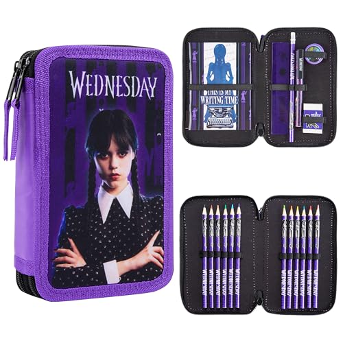 Wednesday Federmäppchen Mädchen Gefülltes Pencil Case Doppelmäppchen mit Stifte,...