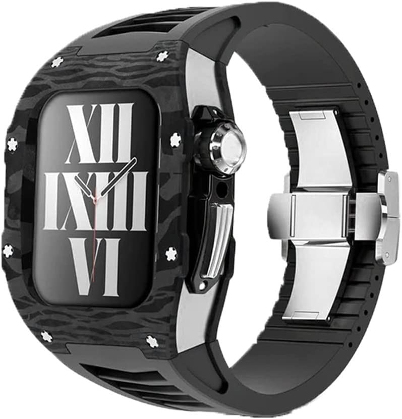 Boîtier en fibre de carbone Apple Watch 8 7 6 et bracelet caoutchouc fluoré